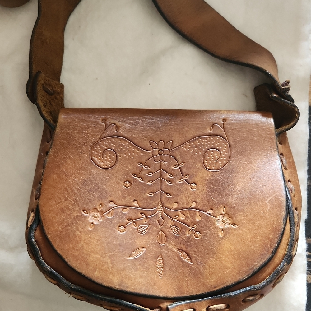 Brown Leather Embossed Shoulder Bag